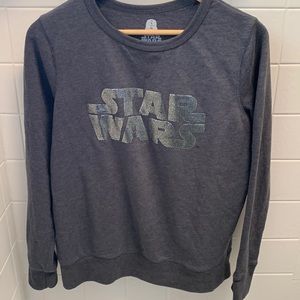Star Wars grey sweatshirt with silver raised sparkle design lettering.